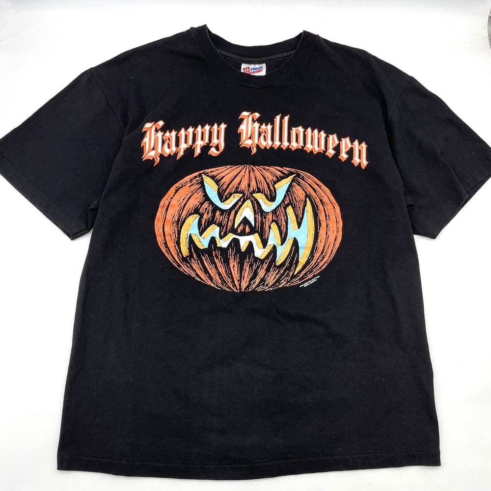 1993 Black Hanes Heavyweight Single Stitch 'Happy Halloween' Pumpkin T-Shirt L